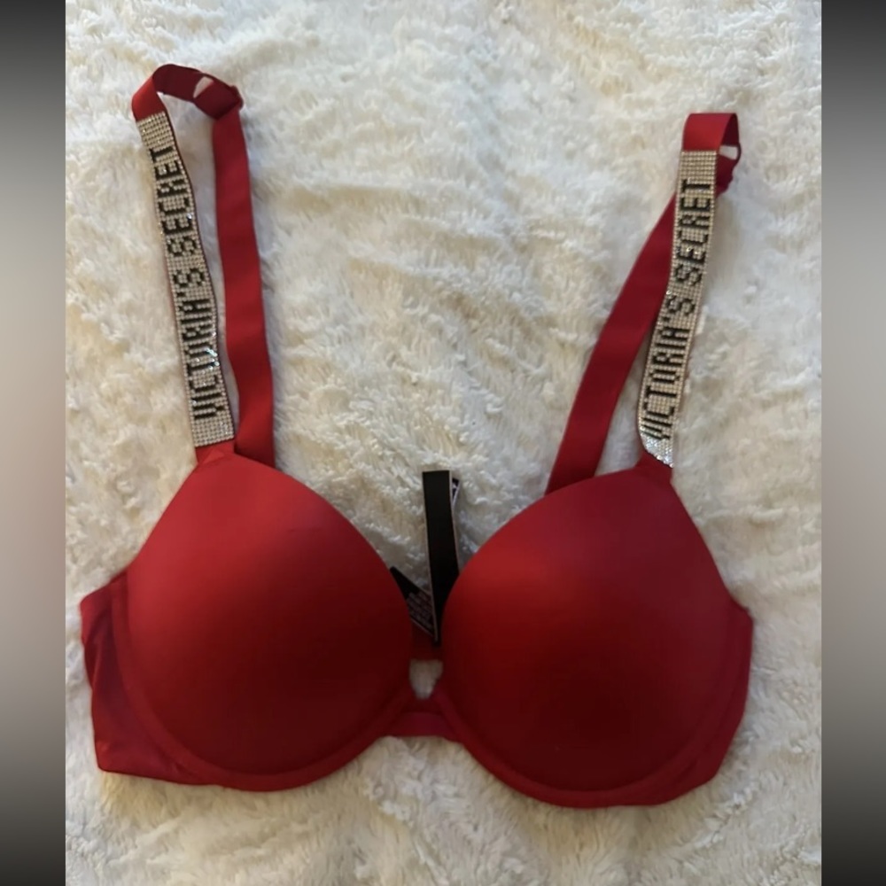 New Victoria's Secret Bombshell Red Bra with Rhinestone Straps 34c 36b 32d